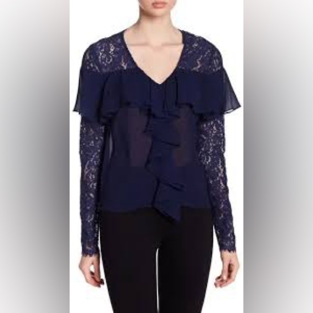 Nicole Miller Artelier Navy Blue Silk Ruffle Lace Blouse